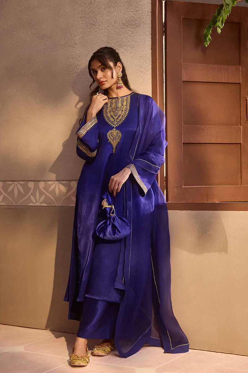 Royal Sapphire Gajji Silk Festive Kurta  Set with Organza Dupatta