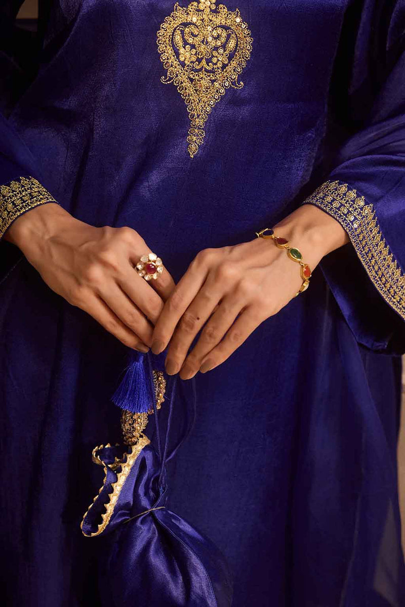 Royal Sapphire Gajji Silk Festive Kurta  Set with Organza Dupatta