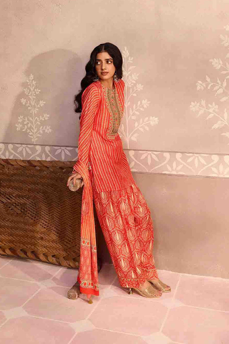 Red Printed Dola Silk Farsi Salwar With Dupatta