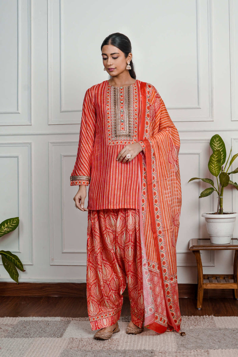 Red Printed Dola Silk Farsi Salwar With Dupatta