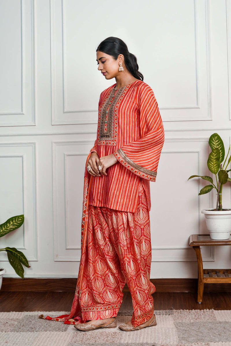 Red Printed Dola Silk Farsi Salwar With Dupatta