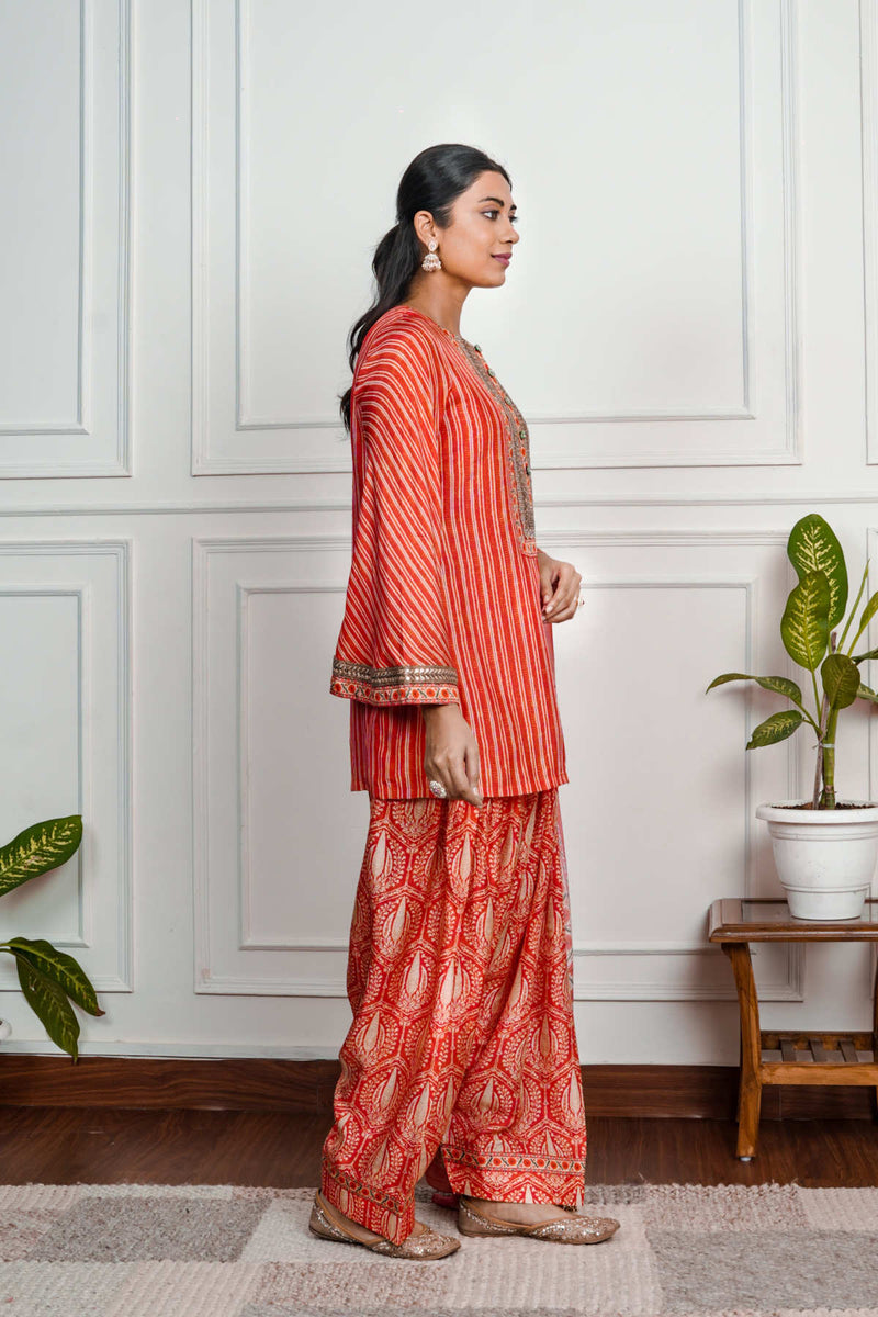 Red Printed Dola Silk Farsi Salwar With Dupatta