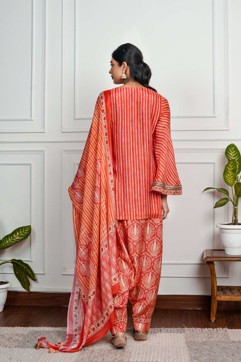 Red Printed Dola Silk Farsi Salwar With Dupatta