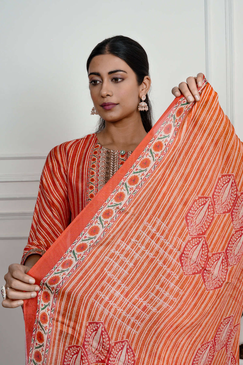 Red Printed Dola Silk Farsi Salwar With Dupatta