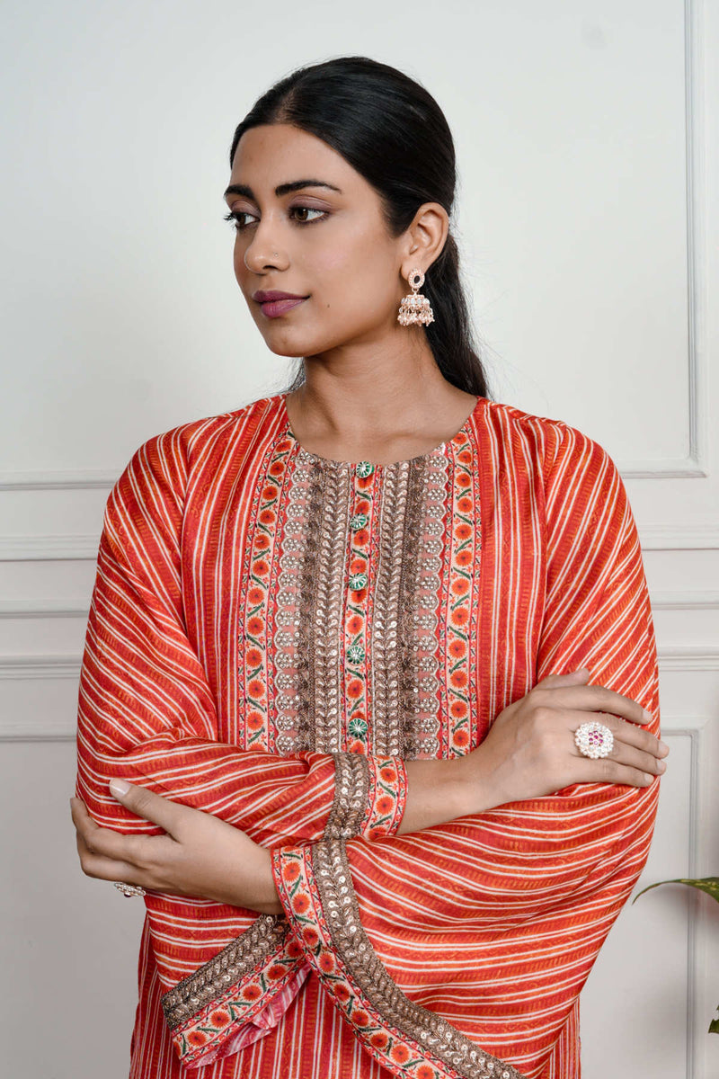 Red Printed Dola Silk Farsi Salwar With Dupatta