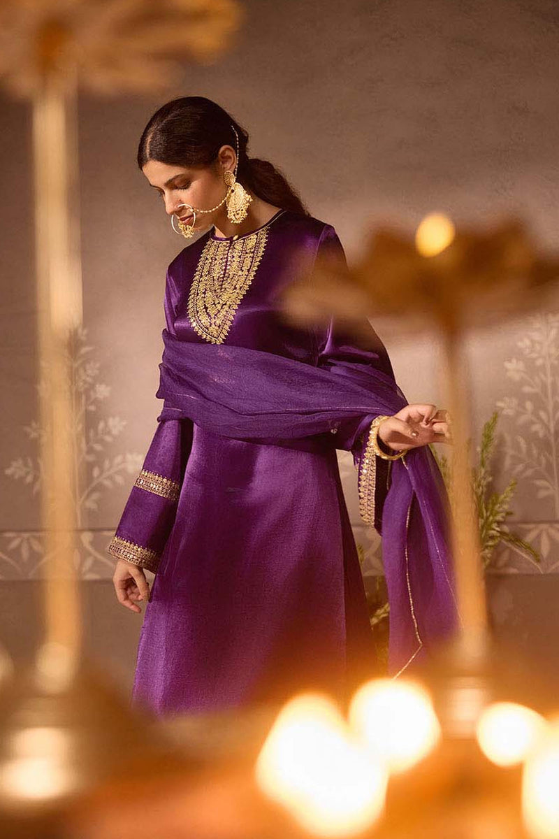 Purple Gajji Silk With Embroidered Kurta Set with Organza Dupatta