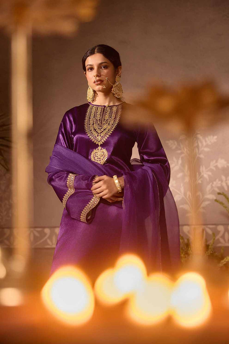 Purple Gajji Silk With Embroidered Kurta Set with Organza Dupatta