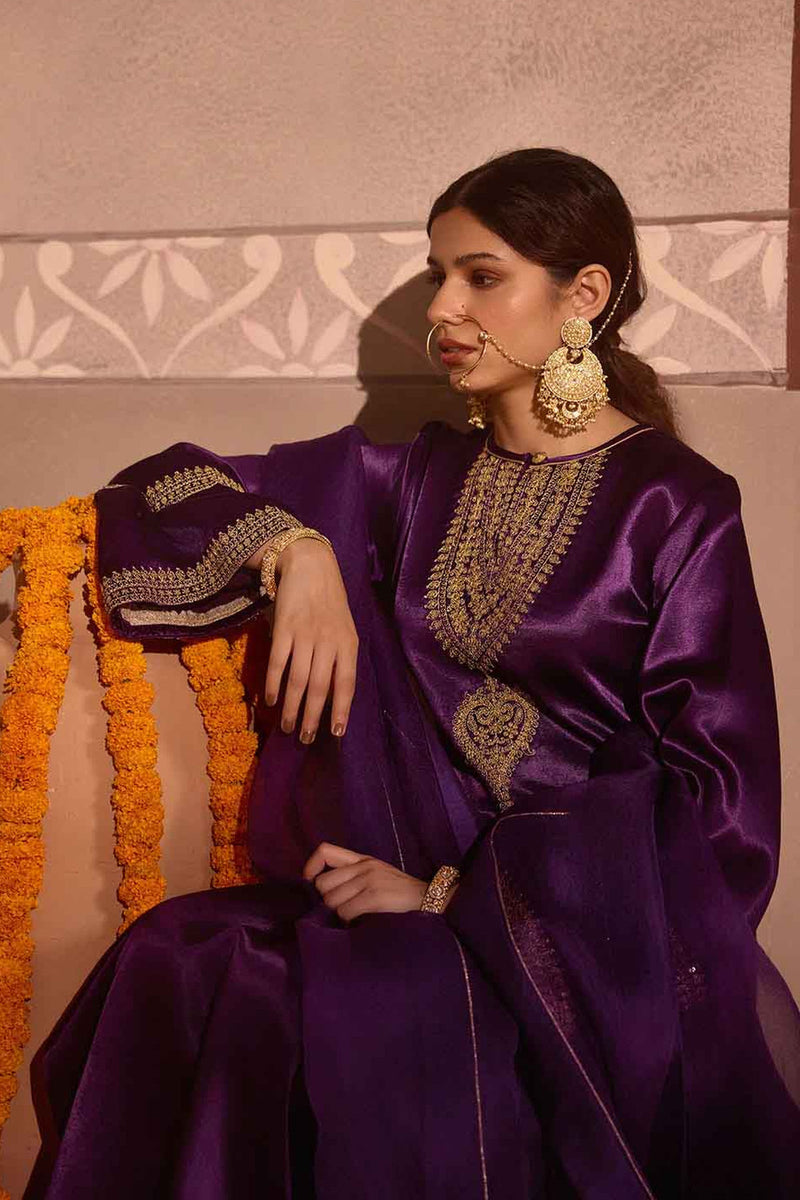 Purple Gajji Silk With Embroidered Kurta Set with Organza Dupatta
