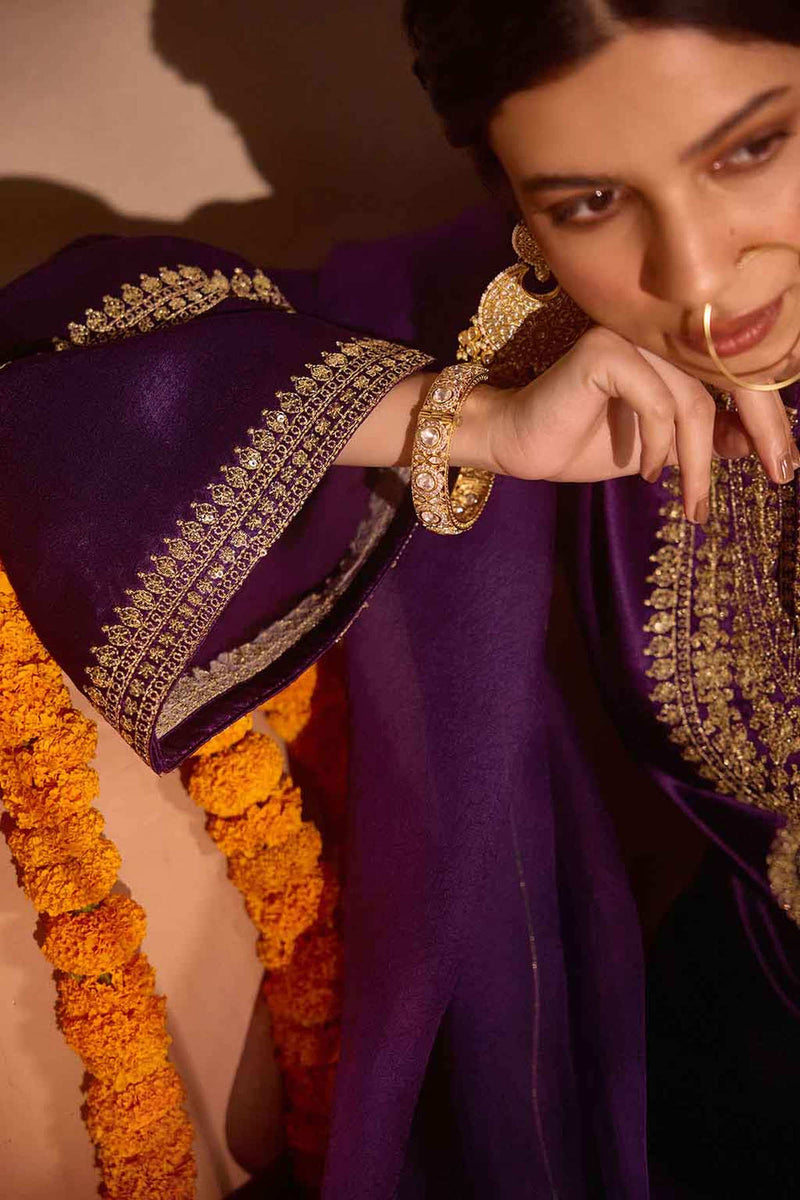 Purple Gajji Silk With Embroidered Kurta Set with Organza Dupatta
