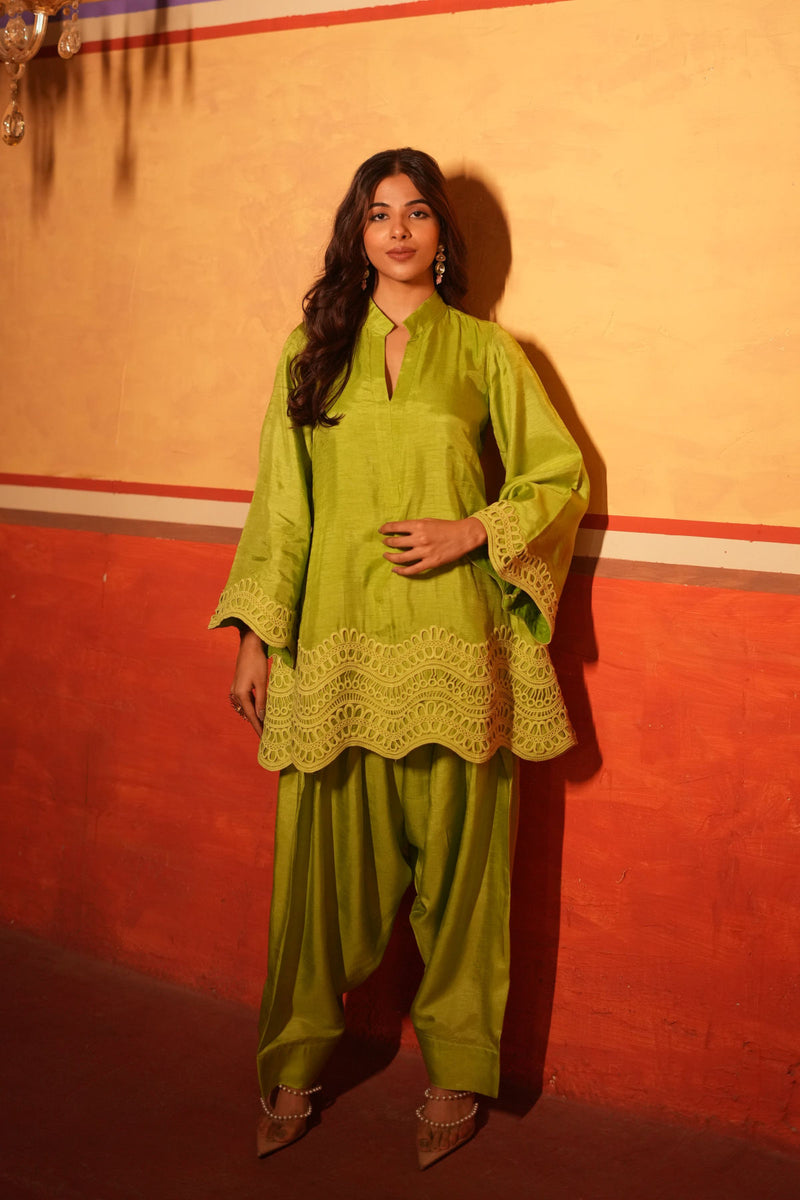 Parrot Green Dola Silk Farsi Salwar Set