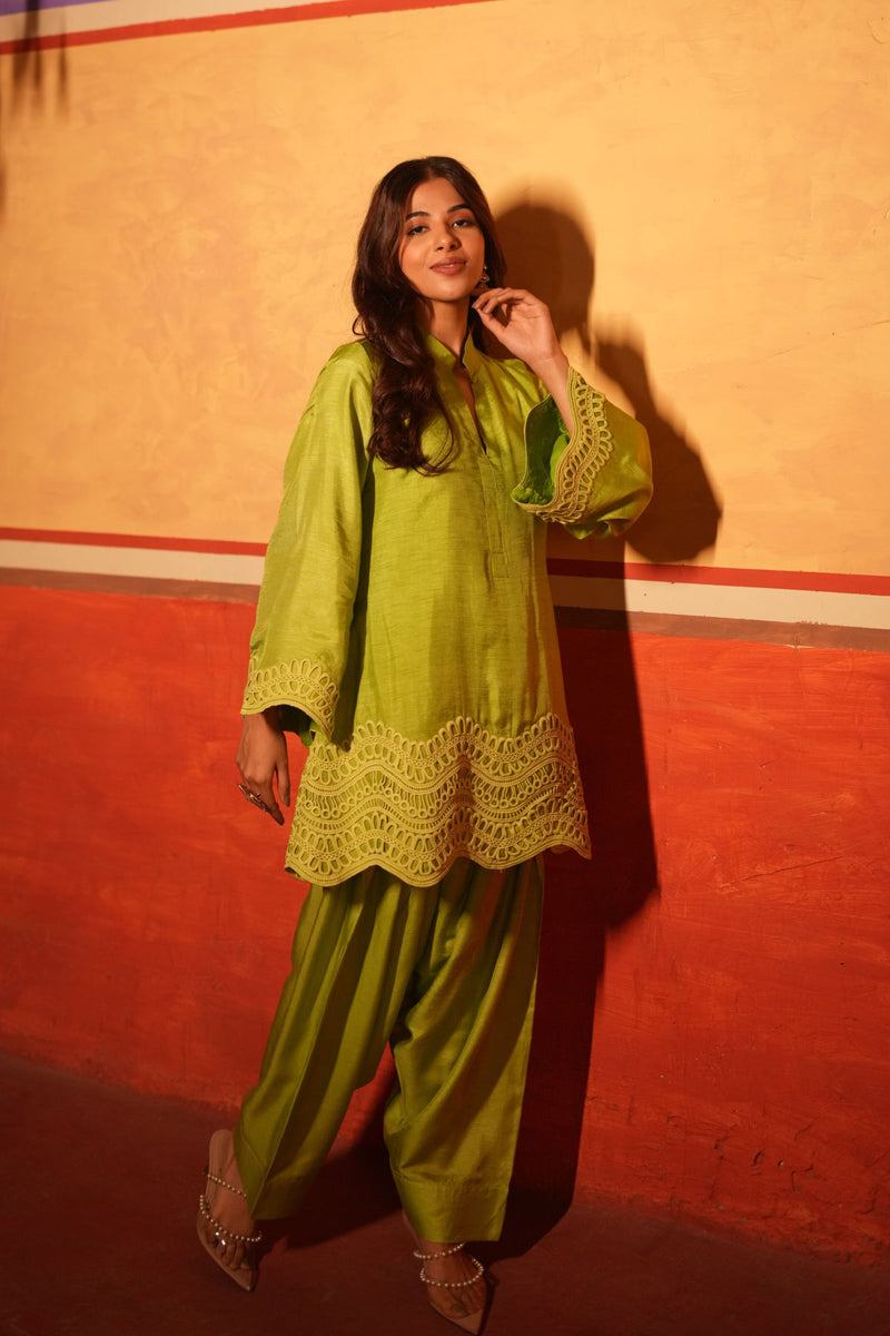 Parrot Green Dola Silk Farsi Salwar Set