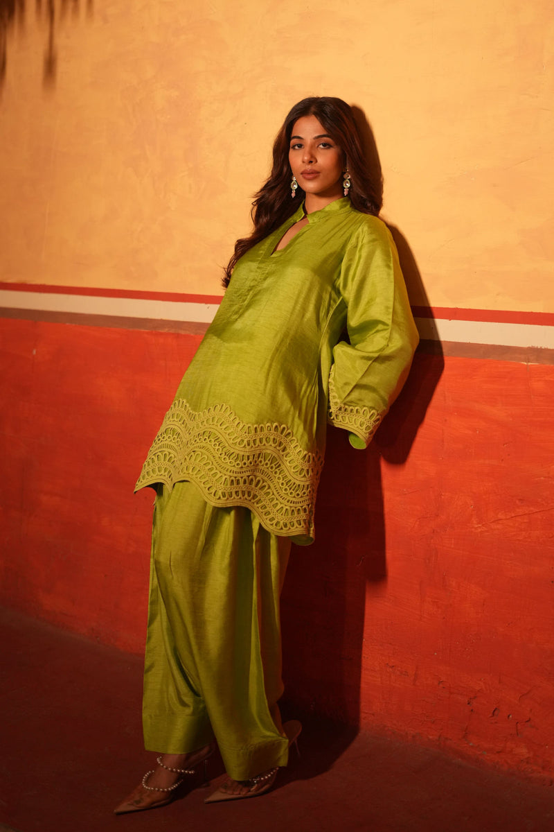 Parrot Green Dola Silk Farsi Salwar Set