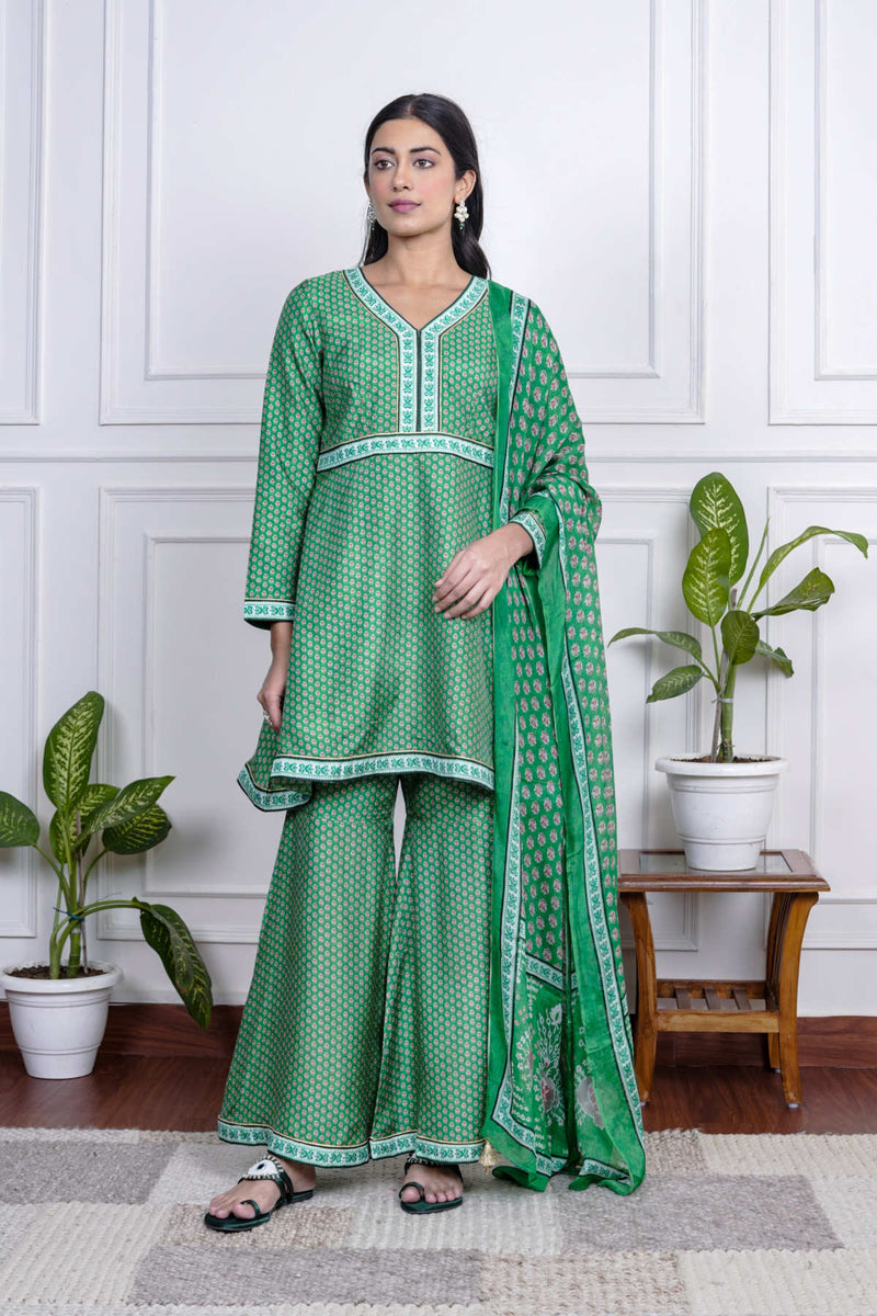 Green Dola Silk Printed Sharara Set With Dupatta