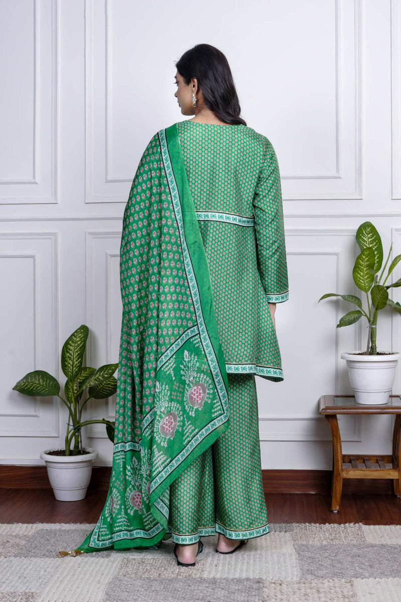 Green Dola Silk Printed Sharara Set With Dupatta