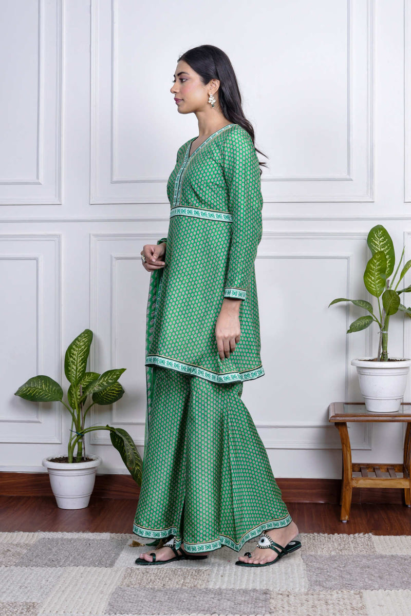 Green Dola Silk Printed Sharara Set With Dupatta