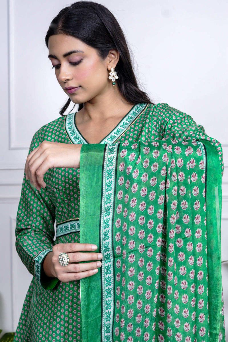 Green Dola Silk Printed Sharara Set With Dupatta