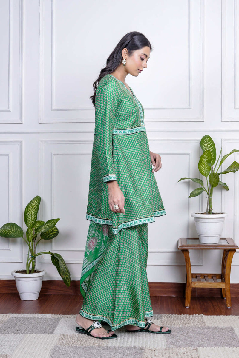 Green Dola Silk Printed Sharara Set With Dupatta