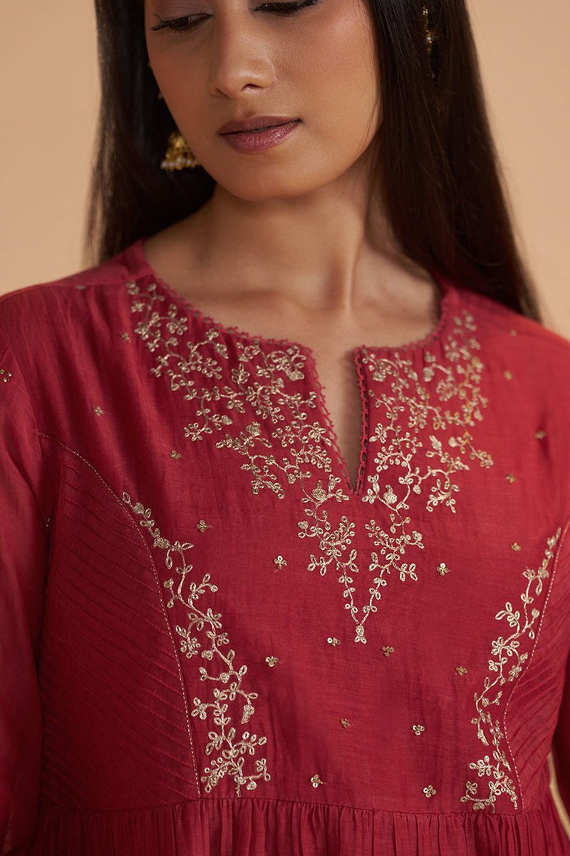 Rich Red Chanderi Silk Festive Kurta Set