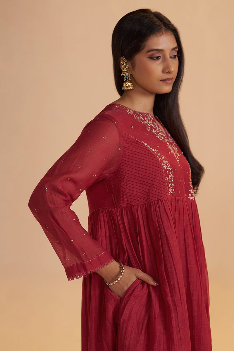 Rich Red Chanderi Silk Festive Kurta Set