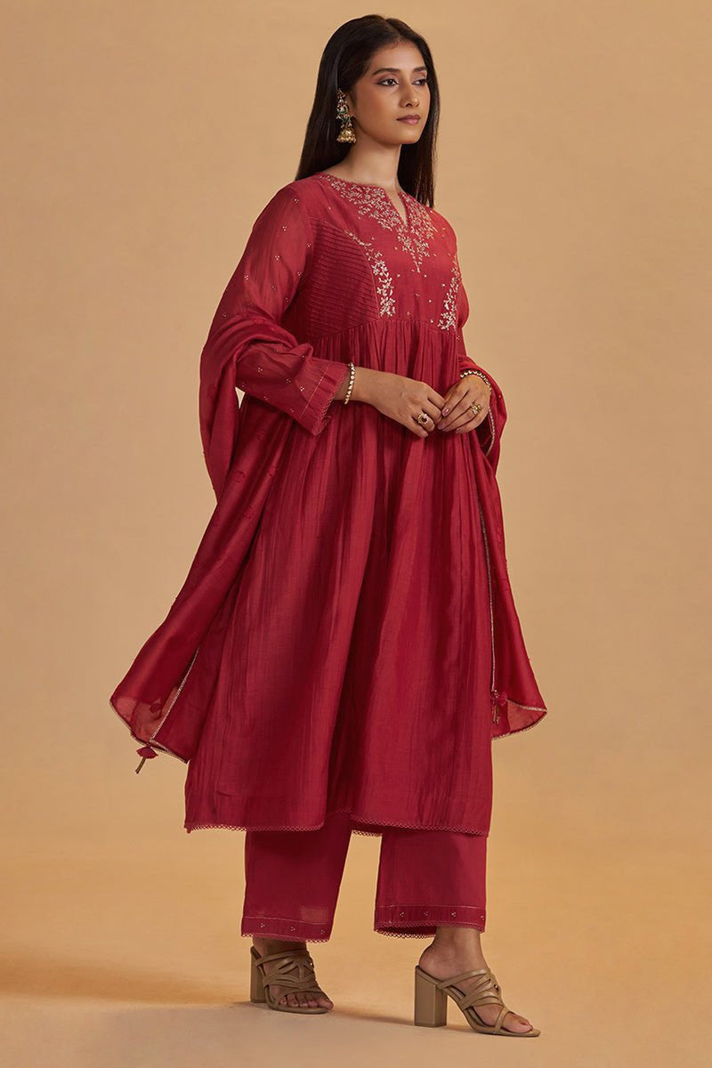 Rich Red Chanderi Silk Festive Kurta Set