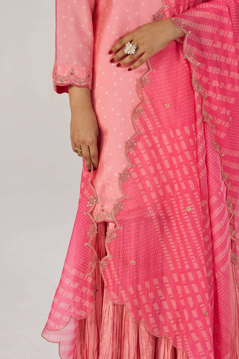 Peach Blossom Festive Bandhani Print Sharara Set