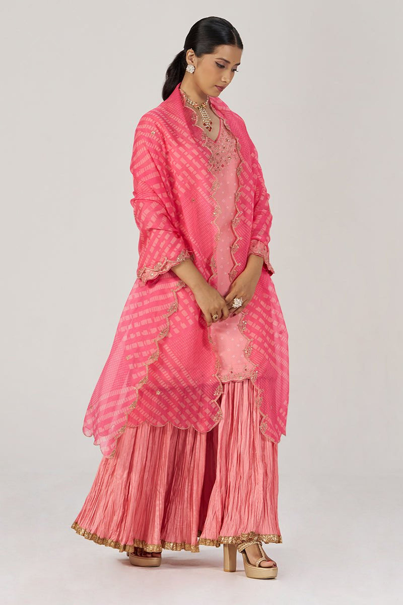 Peach Blossom Festive Bandhani Print Sharara Set