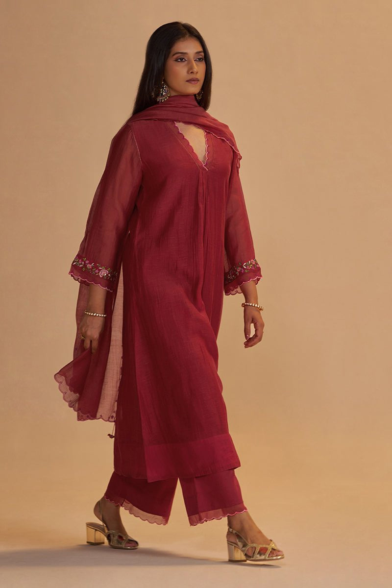 Deep Rose Chanderi Silk festive Kurta Set