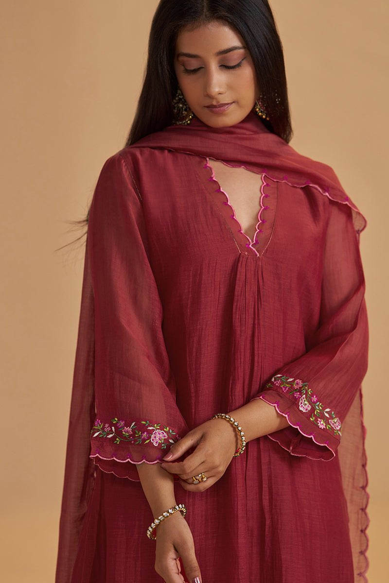 Deep Rose Chanderi Silk festive Kurta Set