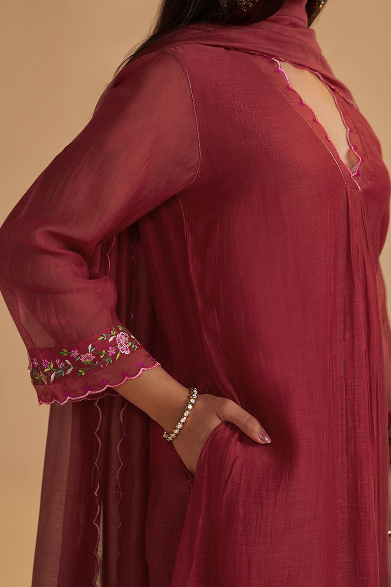 Deep Rose Chanderi Silk festive Kurta Set