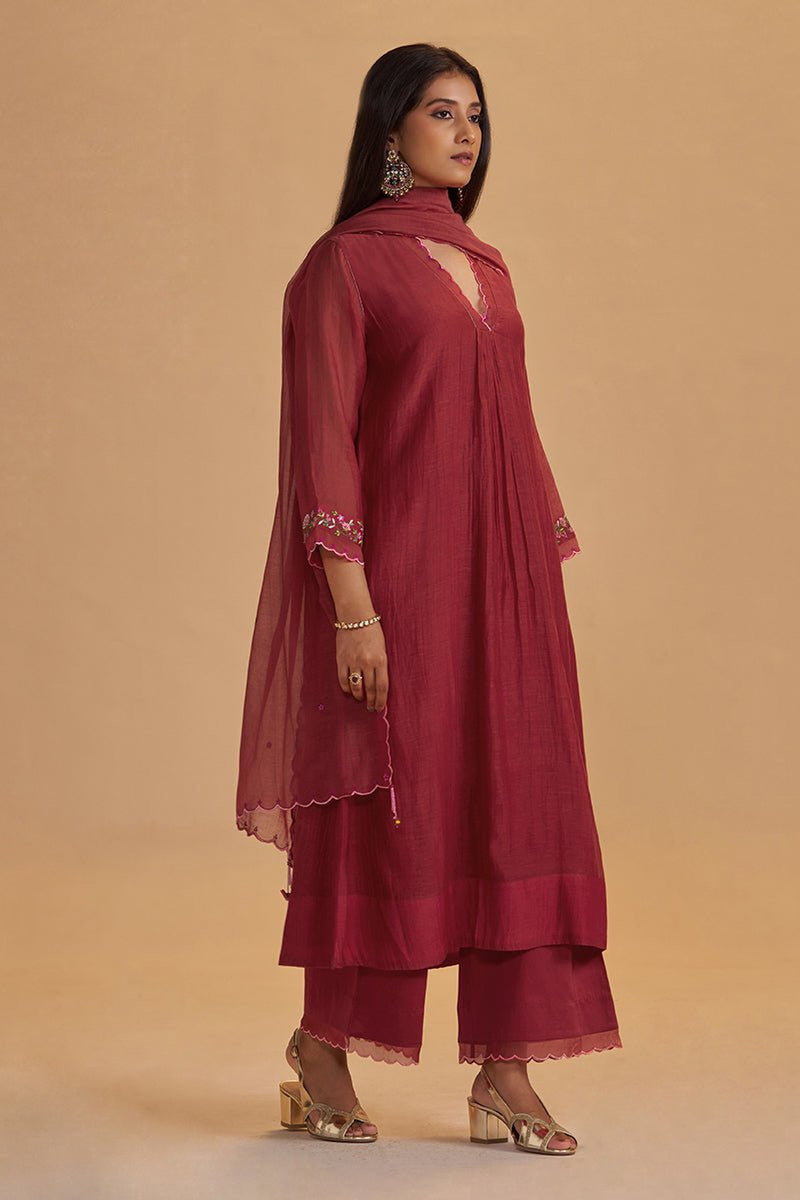 Deep Rose Chanderi Silk festive Kurta Set