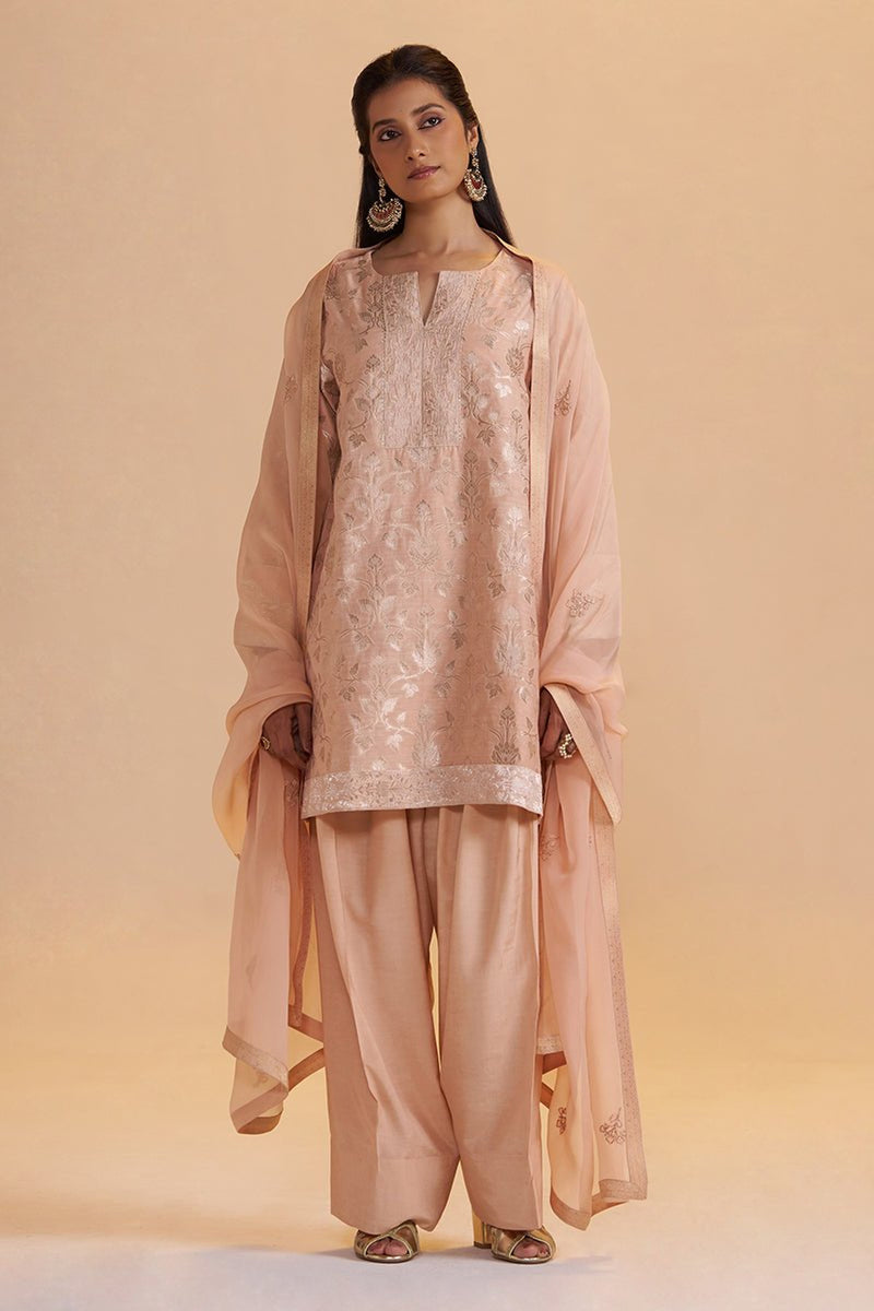 Blush Peach Pure Banarasi Jacquard Kurta Set