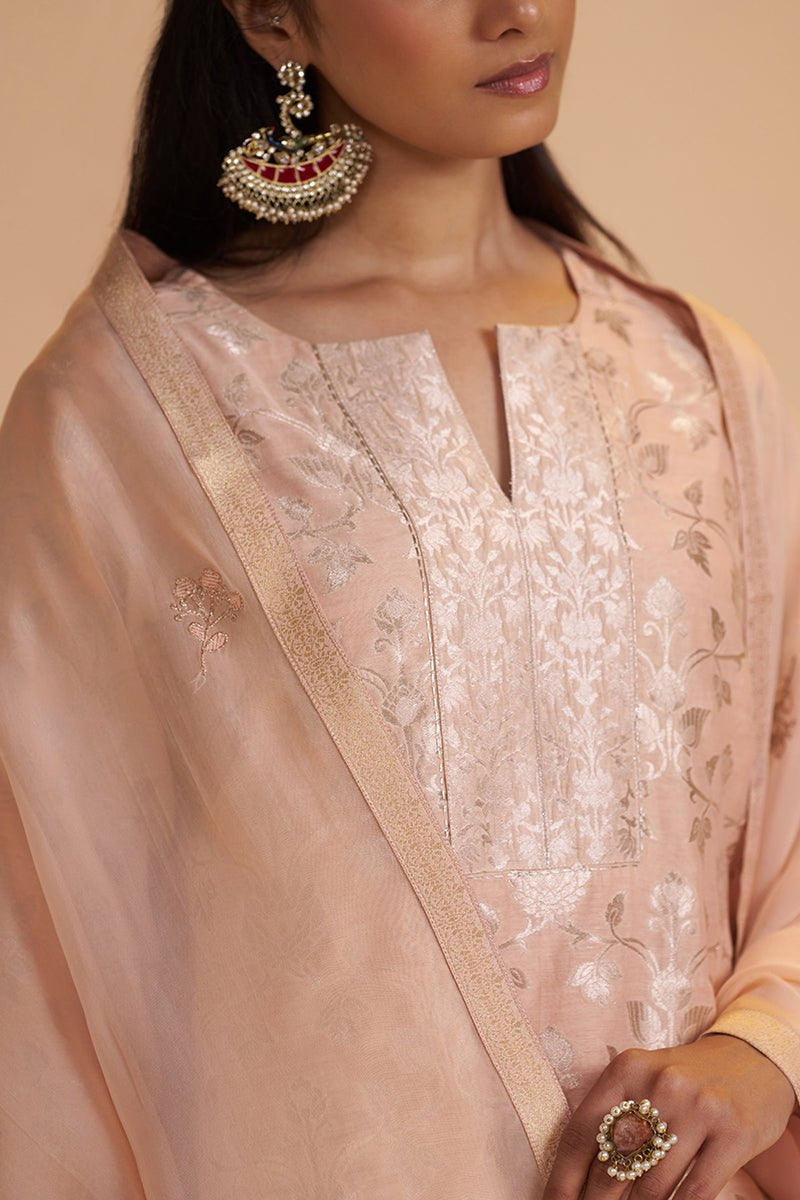 Blush Peach Pure Banarasi Jacquard Kurta Set
