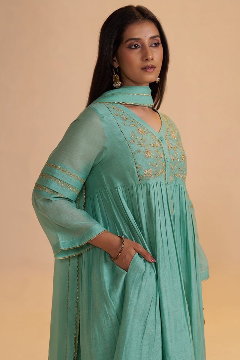 Dusty Jade Green Silk Festive Kurta Set
