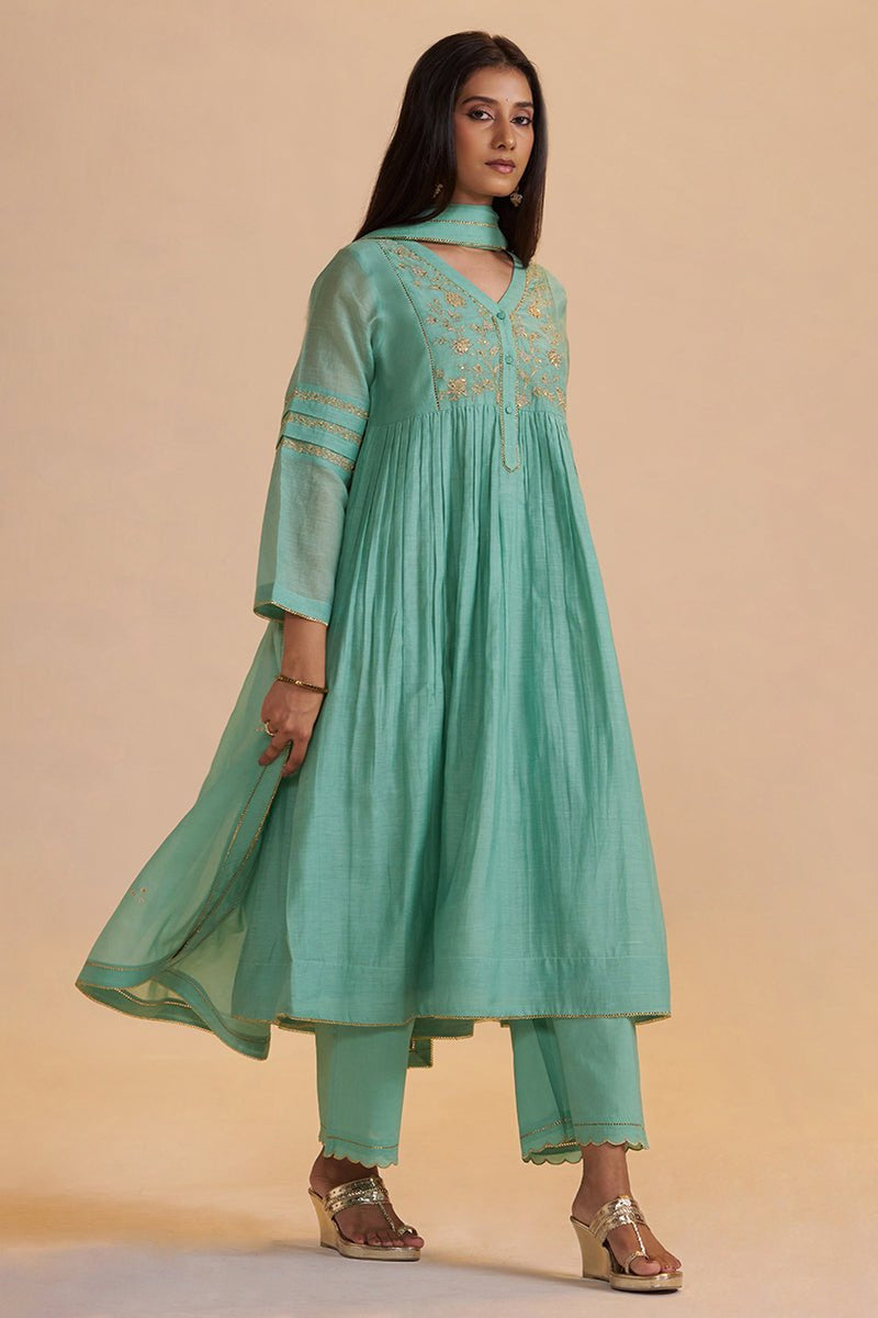 Dusty Jade Green Silk Festive Kurta Set