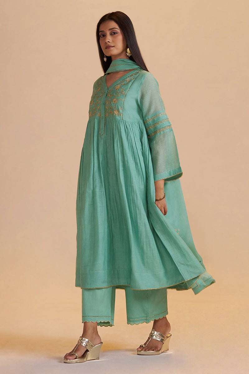 Dusty Jade Green Silk Festive Kurta Set