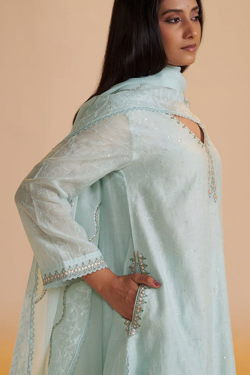 Misty Blue Chanderi Festive Kurta Set