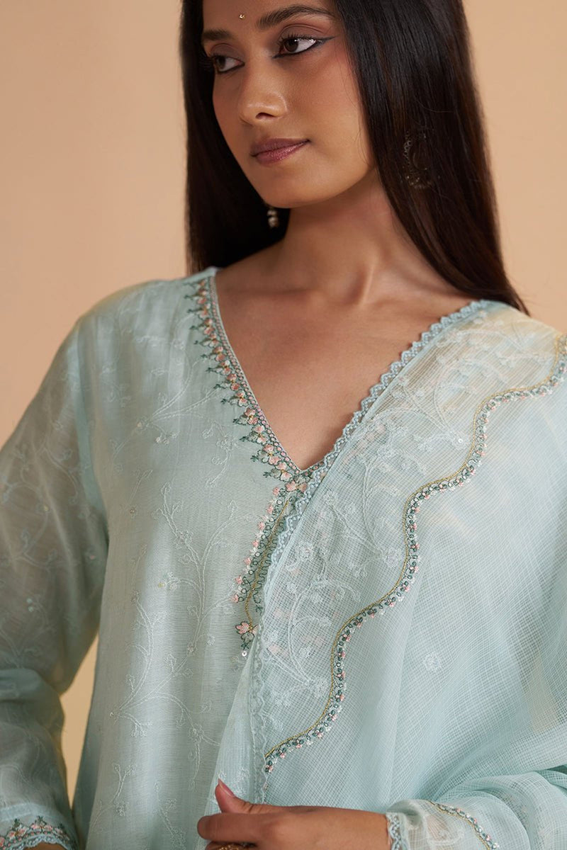 Misty Blue Chanderi Festive Kurta Set