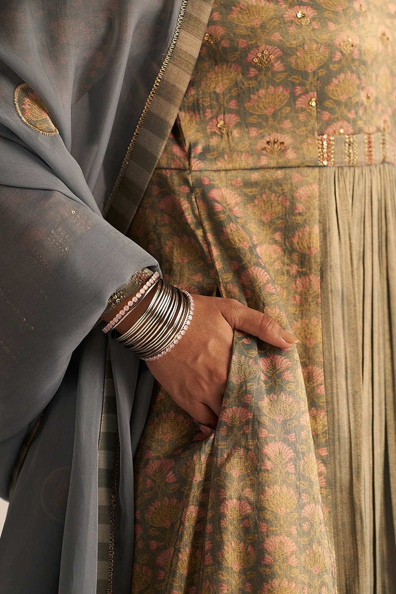 Monument Grey Tissue Festive Kurta Set