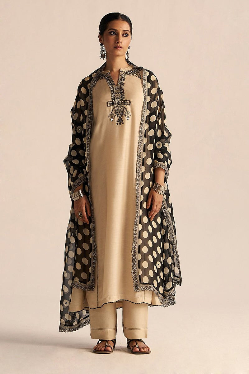 Cream and Black Kurta Set