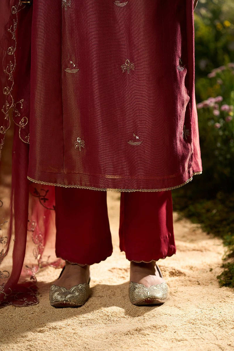 Rumba Red Tissue Silk Angrakha Festive Kurta Set