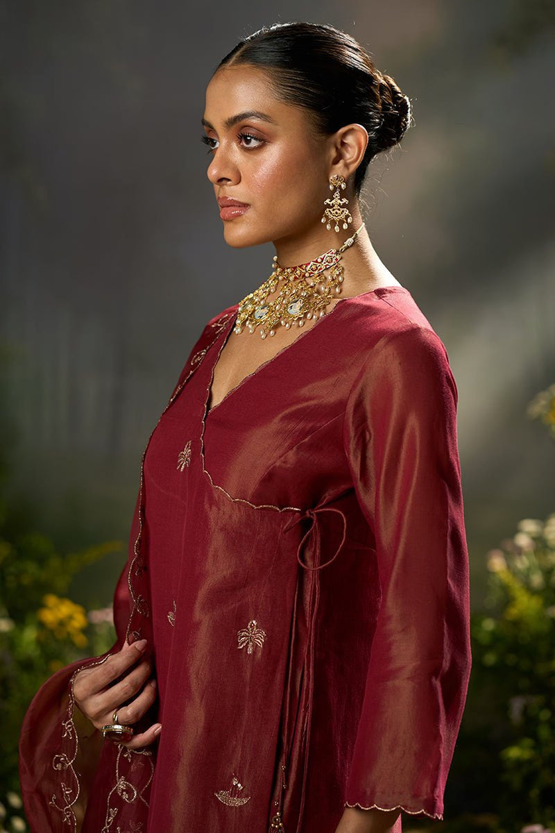 Rumba Red Tissue Silk Angrakha Festive Kurta Set