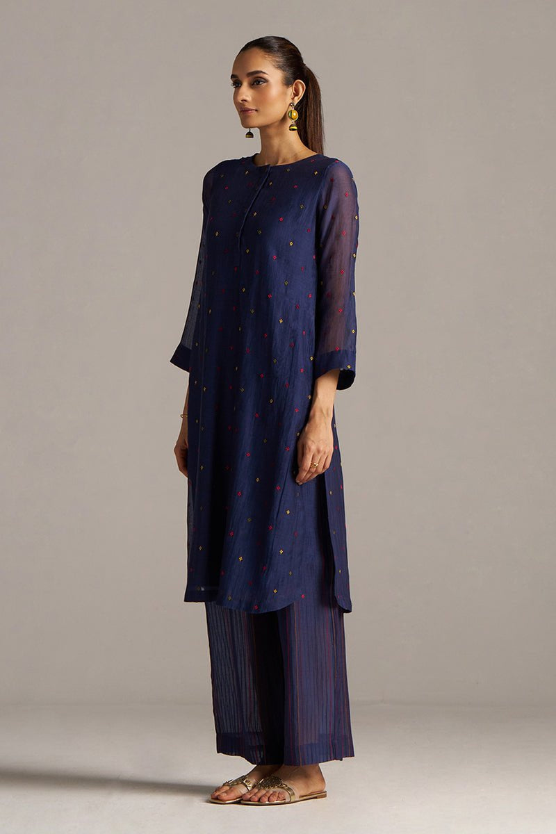 Blue Opal Embroidered Mul-Chanderi Festive Co-ord Set
