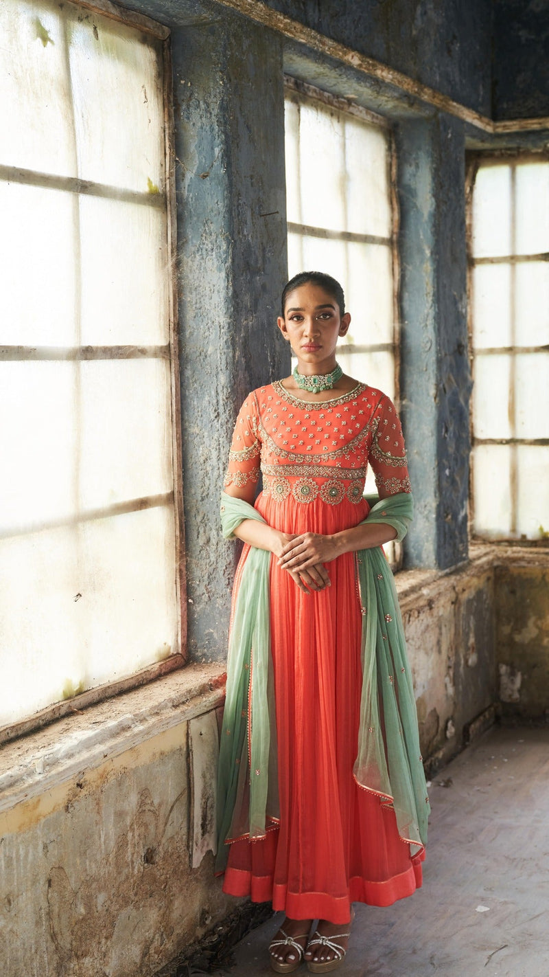 Tara-living coral shimmer chiffon embrodered anarkali