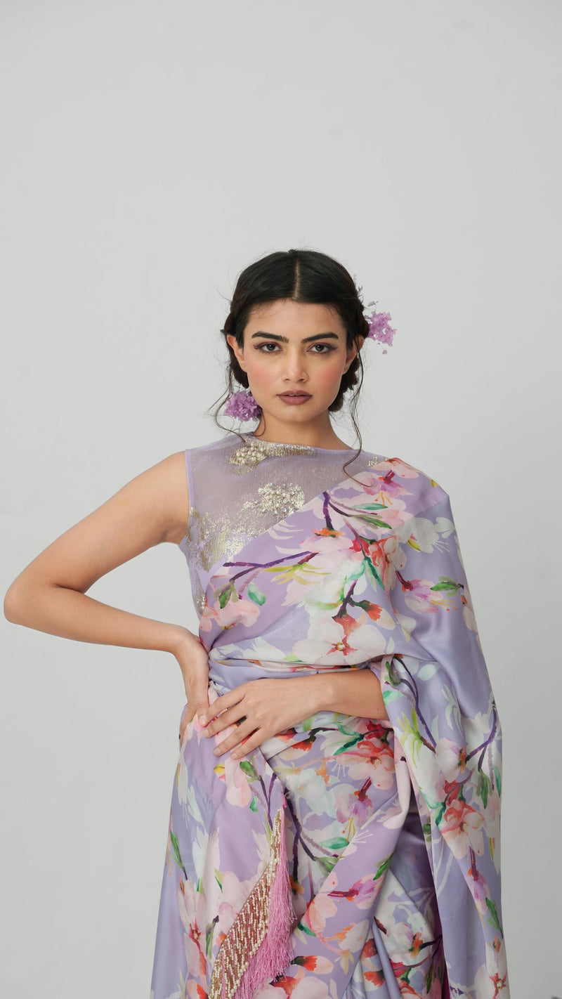 Lilium -Nakshatra Lilac Saree With Baby Pink Spaghetti Blouse