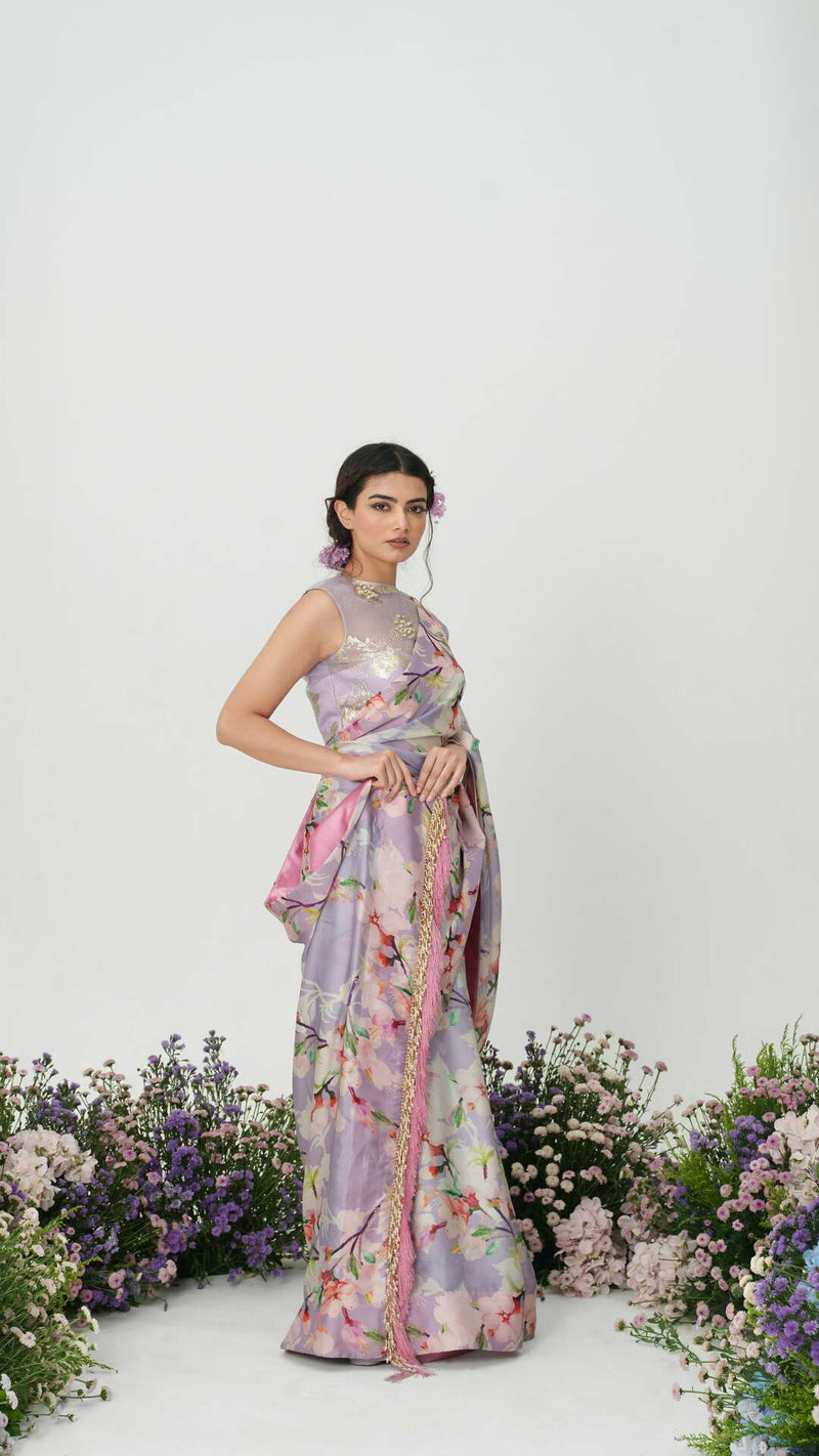 Lilium -Nakshatra Lilac Saree With Baby Pink Spaghetti Blouse