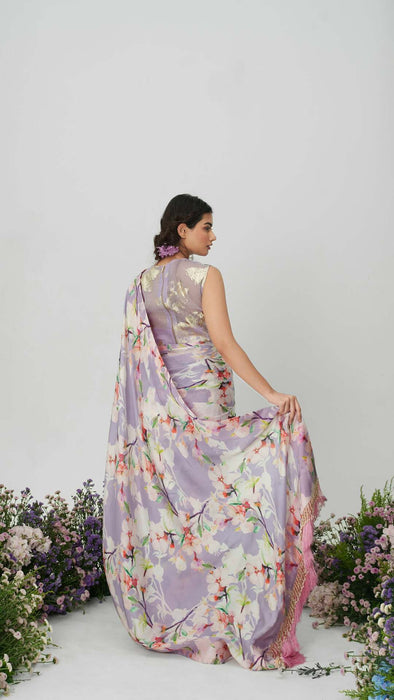 Lilium -Nakshatra Lilac Saree With Baby Pink Spaghetti Blouse