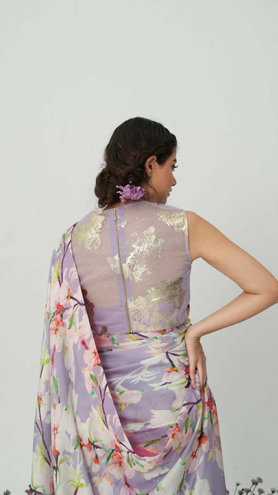 Lilium -Nakshatra Lilac Saree With Baby Pink Spaghetti Blouse