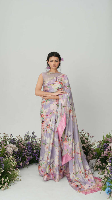 Lilium -Nakshatra Lilac Saree With Baby Pink Spaghetti Blouse