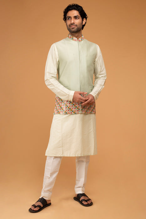 Mint Nehru With Mirror Work + Pista Kurta