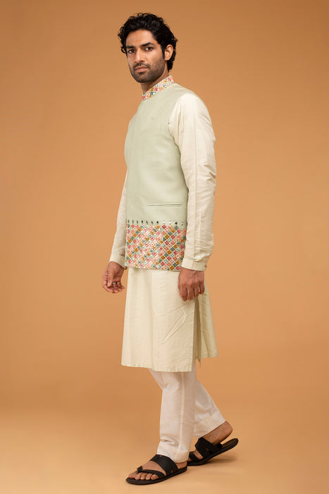 Mint Nehru With Mirror Work + Pista Kurta